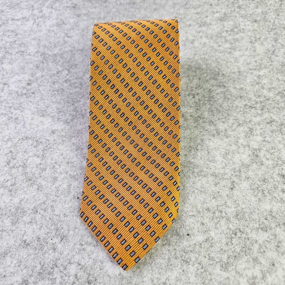 Ermenegildo Zegna Mens Silk Tie Orange Blue Geometric Square Pattern Made Italy